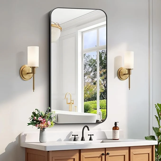 Clean FORBATH Bathroom Mirror 48 x 24 Rectangle Black Narrow Bathroom Mirror with Black Aluminum Frame Rounded Corner Wall Mounted Mirror for Bedroom Entryway Living RoomAbout ThisOverview Secure
