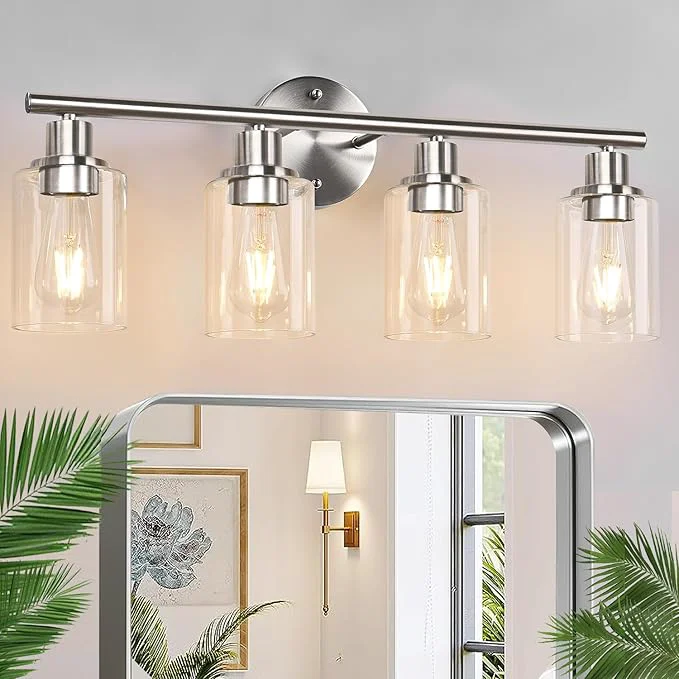 High-Quality 4-Light Bathroom Light Fixtures Brushed Nickel Modern Vanity Lights Over Mirror with Clear Glass Shade Bathroom Wall Lamp for Mirror Kitchen Living Room Hallway Cabinet Porch Bedroom Reading roomAbout ThisOverview Secure