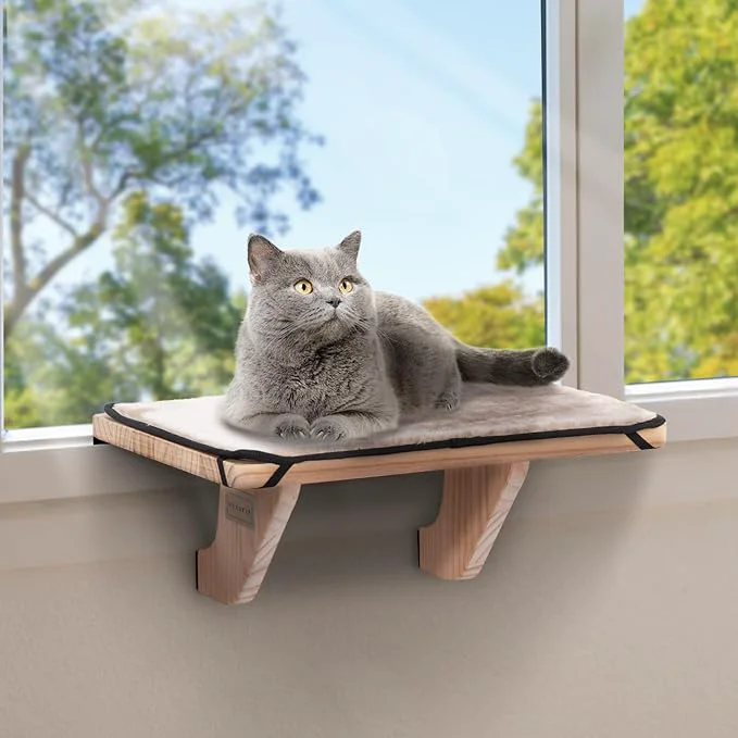 Detailed PETSFIT Cat Window Perch Natural Solid Wood Cat Hammock Original Design