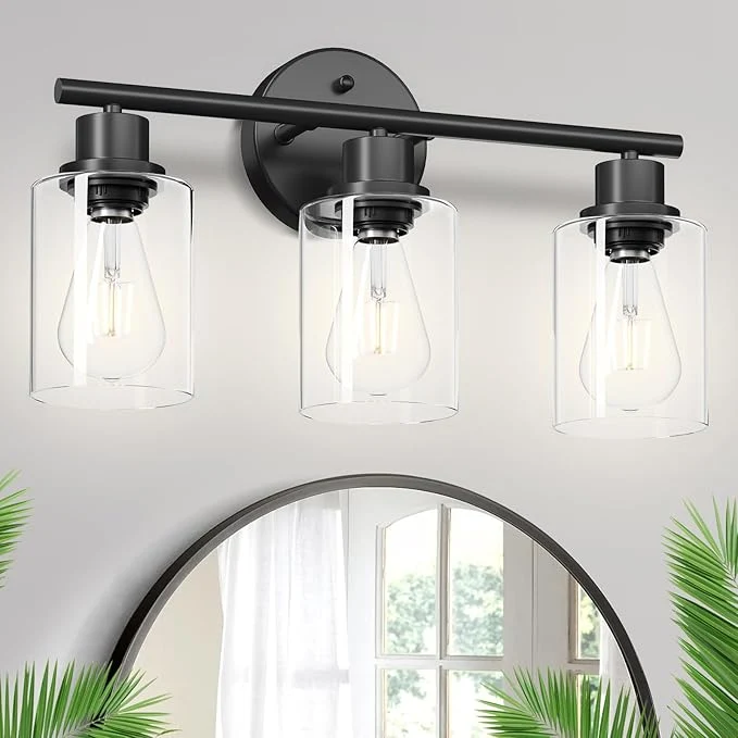 Eco-Friendly 3-Light Black Vanity Lights E26 Modern Bathroom Light Fixtures with Clear Glass Shade Wall Lamps for Mirror Kitchen Hallway Cabinet Living Room Sconces LightsAbout ThisOverview Classic