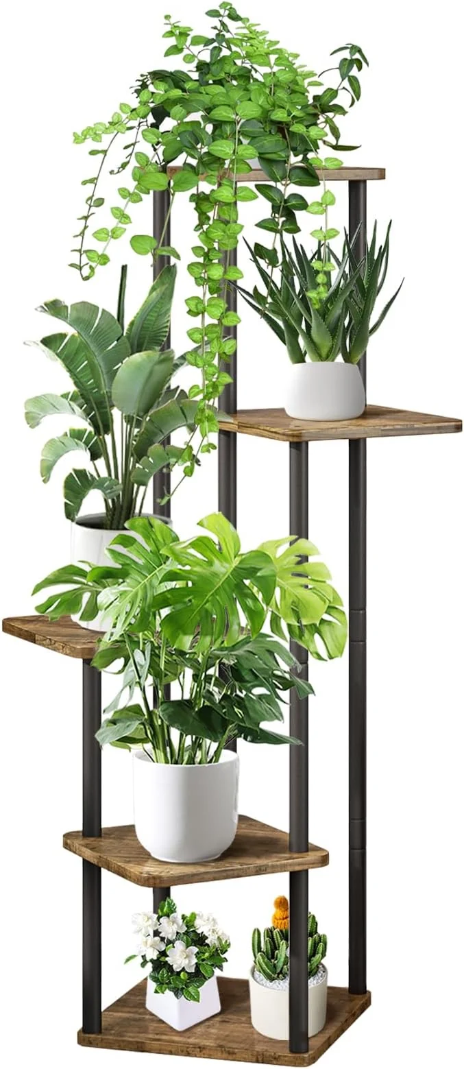 Original Design 5 Tier Wood Tall Plant Stand Metal Rack Indoor Multiple Flower Pot Holder Shelves Corner Rack Planter Shelf Display Rack Storage Organizer for Patio Living Room Balcony Garden Black About ThisOverview Functional