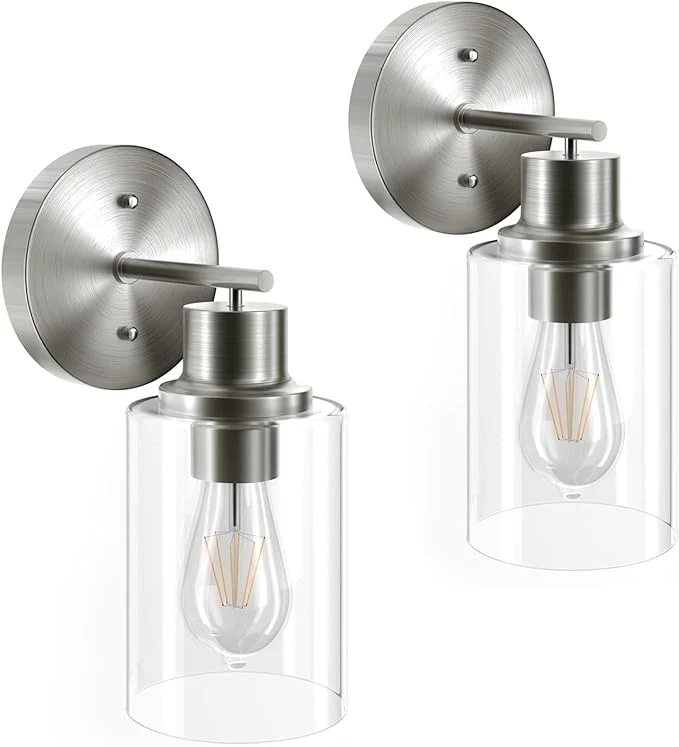 Green GORDNWE Set of 2 Bathroom Wall Sconce Brushed Nickel Vanity Light Modern Wall Light Fixture with Clear Glass Shade and E26 Bulb Base Wall Lamp Wall Mount Light Fixtures for Mirror BedroomAbout ThisOverview Functional