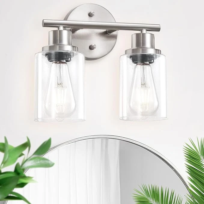 Refined 2-Light E26 Bathroom Light Fixtures Modern Brushed Nickel Vanity Lights for Bathroom with Clear Glass Shade Mirror Kitchen Hallway Cabinet Living Room Sconces Wall LightsAbout ThisOverview Breathable