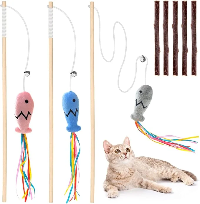 Safe Natural Wood Cat Wand Toy with Ribbon Fish Teaser Elegant