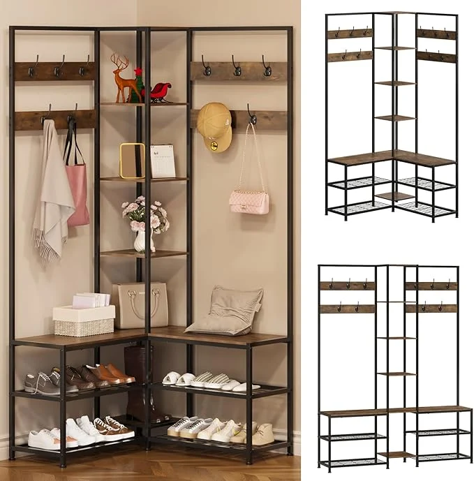 Trendy GiftGo Corner Hall Tree with Shoe Rack Storage Bench Display Open Shelves Modern Industrial Entryway Coat Rack Stand for Home Living Room Mudroom Bedroom Multifunctional 5 in 1 Rustic Brown About ThisOverview Fine Crafted