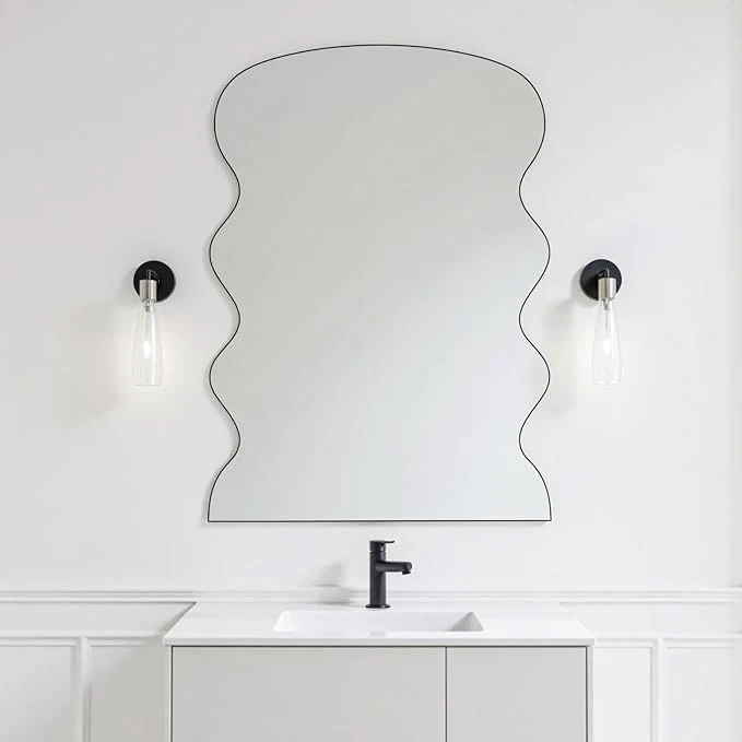 Modern Rectangle Wavy Wall Mirror for Bathroom 20 x28 Black Scalloped Wood Frame Vanity Mirror Decorative for Bedroom Living Room Home House Office EntrywayAbout ThisOverview Dependable