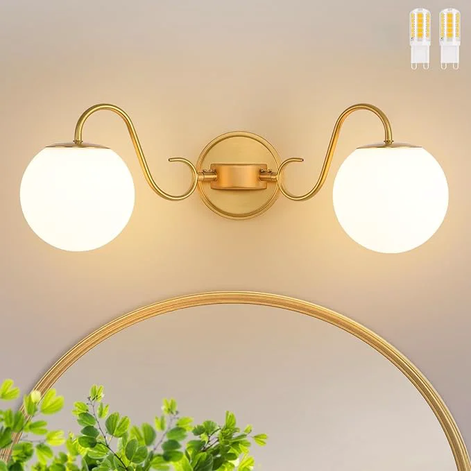 Refined 2 Lights Bathroom Vanity Light Fixtures Over Mirror Brushed Gold Vintage Vanity Lights For Bathroom With Milk White Glass Globe Shade Wall Lights For Bedroom Hallway Dressing Table Includ G9 BulbsAbout ThisOverview Next-Generation