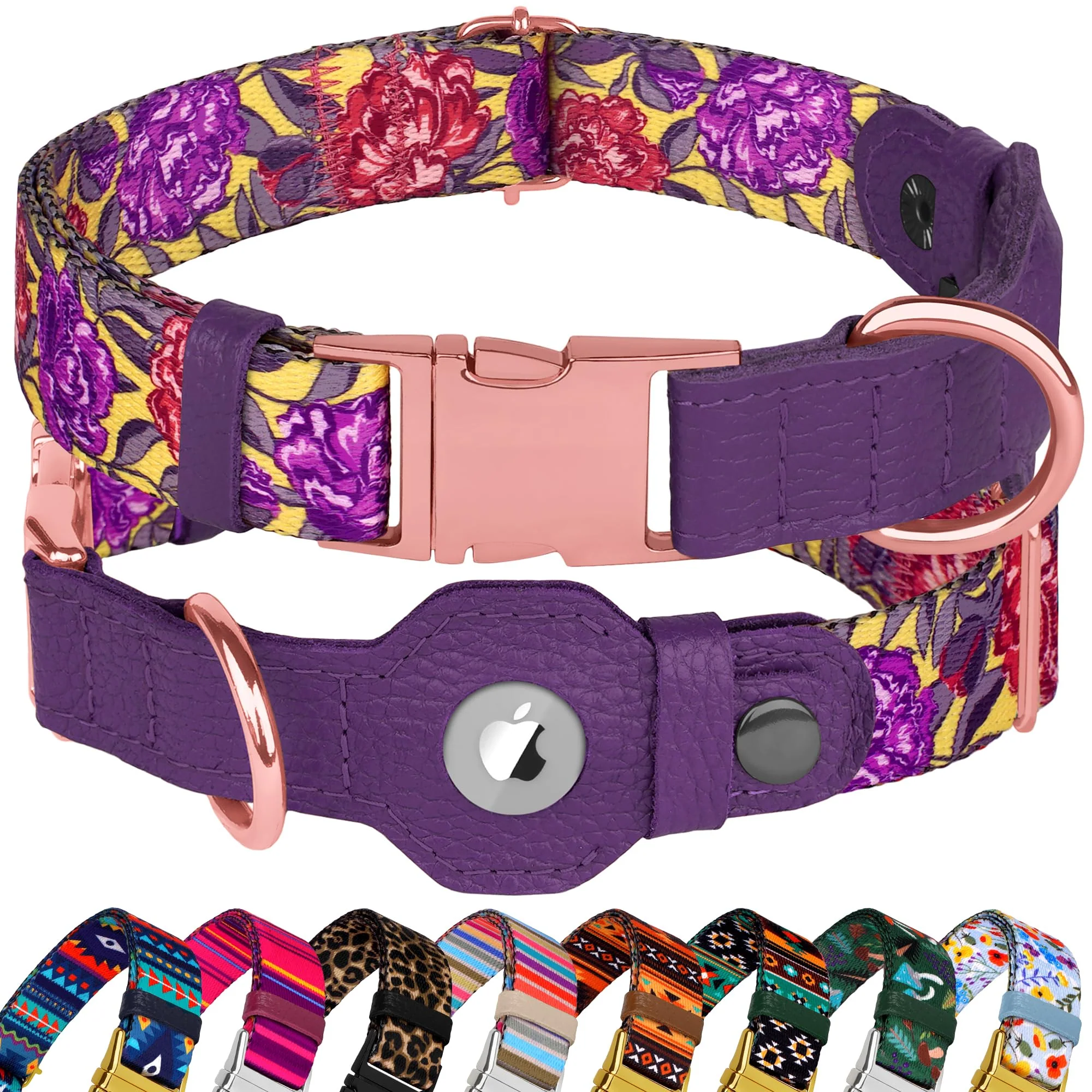 Carefully Designed BUDKAS AirTag Dog Collar - Adjustable Leather Nylon with Airtag Holder Peonies X-Large 20-25 in Neck Solid