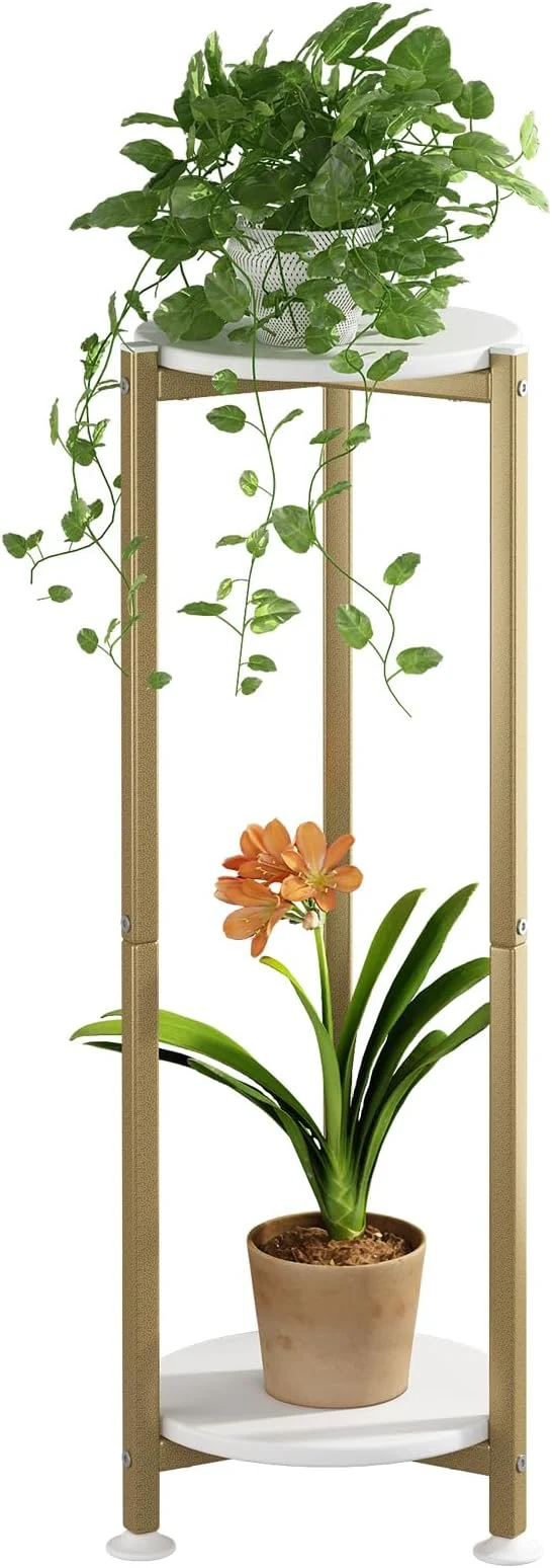 Contemporary Plant Stand Indoor Corner Tall 2 Tier Metal Modern Flower Storage Plant Shelf Holder for Living Room Balcony Garden Gold 2 Tier-Gold Round About ThisOverview First-Class