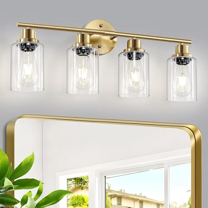 Practical 4-Light Gold Bathroom Light Fixtures E26 Modern Vanity Lights for Bathroom with Clear Glass Shade Wall Lamps for Mirror Hallway Kitchen Cabinet Living Room Sconces LightsAbout ThisOverview Excellent