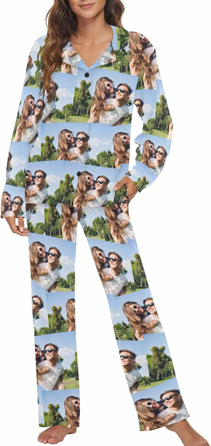 Soft MyPupSocks Custom Face Pajamas for Women Set Personalized Photo Long Sleepwear XS-XXL Quality