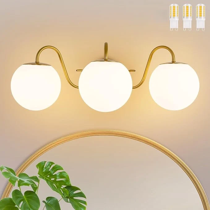 Practical 3 Lights Vintage Bathroom Vanity Light Fixtures Over Mirror Brushed Gold Vanity Lights For Bathroom With Milk White Glass Globe Shade Wall lights For Bedroom Hallway Dressing Table Includ G9 BulbsAbout ThisOverview Advanced