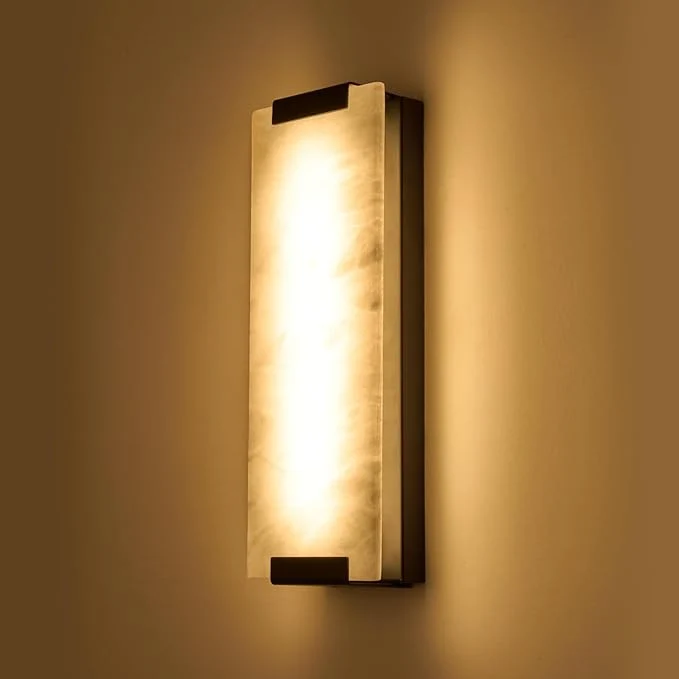 Prestigious 14.2in Alabaster Wall Sconce Hardwired Large Vertical Natural Marble Wall Light Decor LED Modern Alabaster Wall Lamp for Bedroom Stairs Living Room Vanity Bedside Hallway Bathroom（Black 12W）About ThisOverview Pure