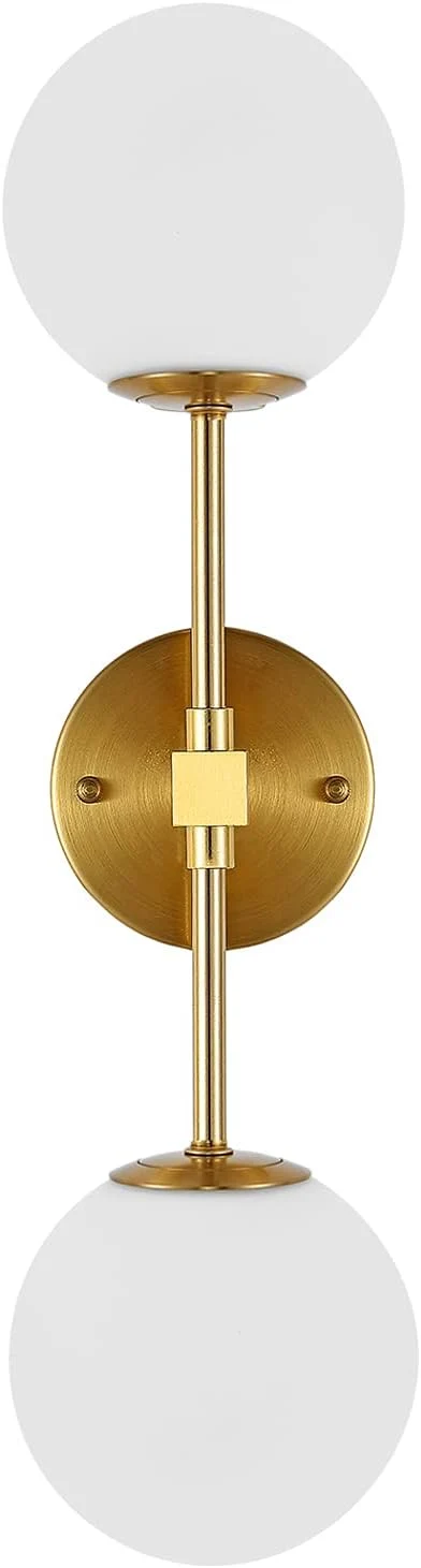 Specialty Modern Wall Sconce 2-Lights Industrial Mid Century Bathroom Vanity Wall Light with White Globe Glass Lampshade Brushed Brass Finished Lighting Fixture Gold Color About ThisOverview Fine