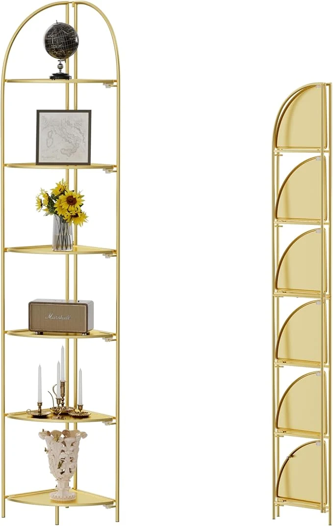 Smooth Crofy Foldable 6 Tier Corner Shelf Metal Corner Plant Stand with Gold Frame and Gold Shelves Corner Display Rack Multipurpose Shelving Unit for Living Room Bedroom BathroomAbout ThisOverview Stylish