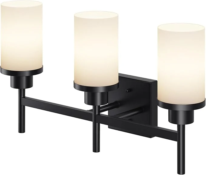 Exclusive Bathrom Light Fixtures Matte Black 3 Lights Over Mirror Wall Sconces Lighting with White Frosted Glass Shade for Toilet Washroom Bath T001MB-L3About ThisOverview Relaxed