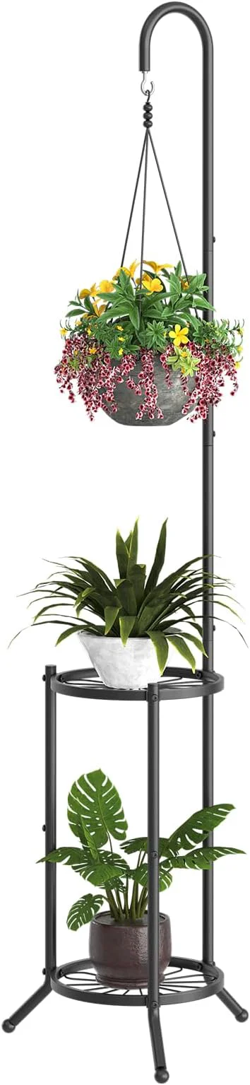 Official Plant Stand with Hooks Indoor Outdoor Corner Tall Plant Stand Heavy-Duty Metal 3-Tier Plant Shelf Holder Rack for Patio Garden Balcony Living Room Bedroom semicircular Black About ThisOverview Stylish