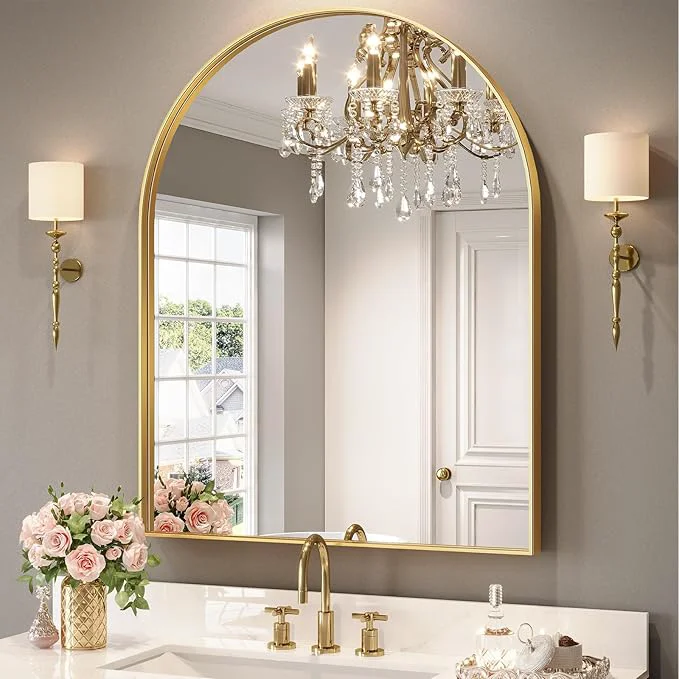 Reusable Brightify Arched Mirror Arched Wall Mirror 32 x 40 Inch Gold Arch Mirror Metal Frame Gold Bathroom Mirror Arched Top Bathroom Vanity Mirror for Living Room Bedroom Mantel Entryway HallwaysAbout ThisOverview Stylish