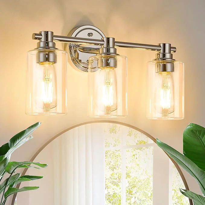 Clean Bathroom Light Fixtures Wall Sconce Light with Clear Glass Chrome 3 Lights Bathroom Lighting Over Mirror Vanity Lights for Living Room Bedroom Restroom Hallway E26 BaseAbout ThisOverview High-Performance