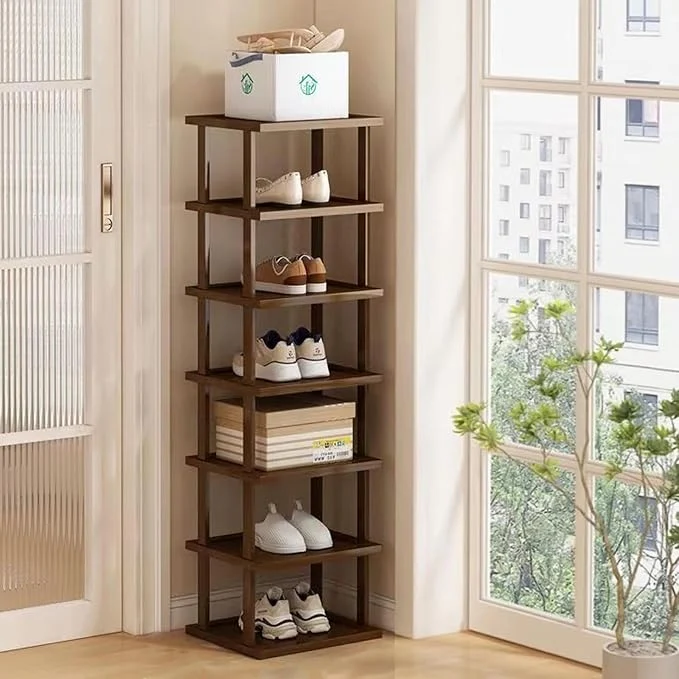 Smooth Vertical Shoe Rack - Tall Narrow Shoe Rack Organizer for Small Spaces 7 Tier Bamboo Shoen Shelf for Entryway Closet Corner Doorway Skinny Shoe Shelf Space Saving Shoe Storage Stackable DIY…About ThisOverview Easy-to-Use