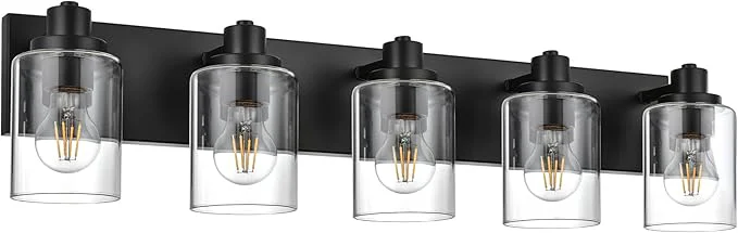 Minimalist 5 Light Bathroom Vanity Lights Bathroom Lighting Fixtures over Mirror with Clear Glass Shades Black Vanity Light For Bathoom Modern Wall Sconces Vanity Lighting Fixture for Bathroom HallwayAbout ThisOverview