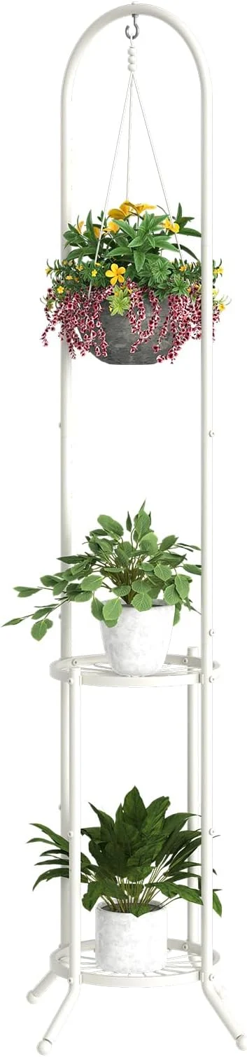 Sustainable BMOSU Plant Stand with Hooks Indoor Outdoor Corner Tall Plant Stand Heavy-Duty Metal 3-Tier Plant Shelf Holder Rack for Patio Garden Balcony Living Room Bedroom circular White About ThisOverview Contemporary