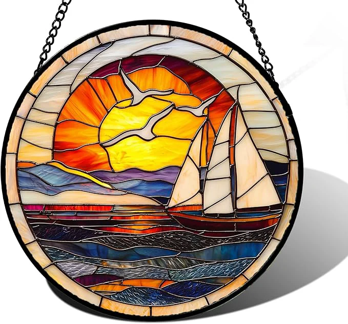 Consistent Stained Glass Window Hanging Sun Ocean Sailboat Seagull Abstract Suncatcher Diamond Glass Panel Sun Catchers Decor for Birthday for Women Men Wife Aunt and Mom 6.3 inAbout This Detailed