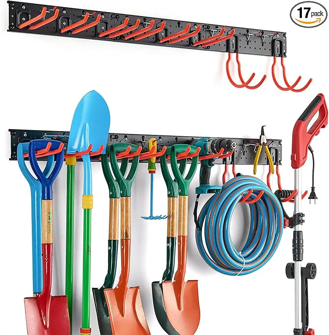 Safe Ultrawall Multi-Storage Garage Hooks Utility Rack with Multiple Installation Methods Wall-Mounted Garden Tool Organizer System for Shovels Rakes Ladders 17pcsAbout ThisOverview Official