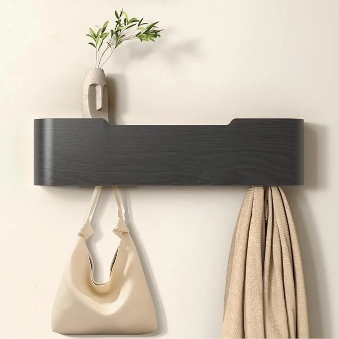 Certified Coat Rack Wall Mount Entryway Organizer Modern Key Holder Wall Mount with Wooden Shelf Entryway Hooks for Bedroom Kitchen Hallway Bathroom for Hanging Coats Hats Dog Leashes Bags TowelsAbout ThisOverview Sustainable