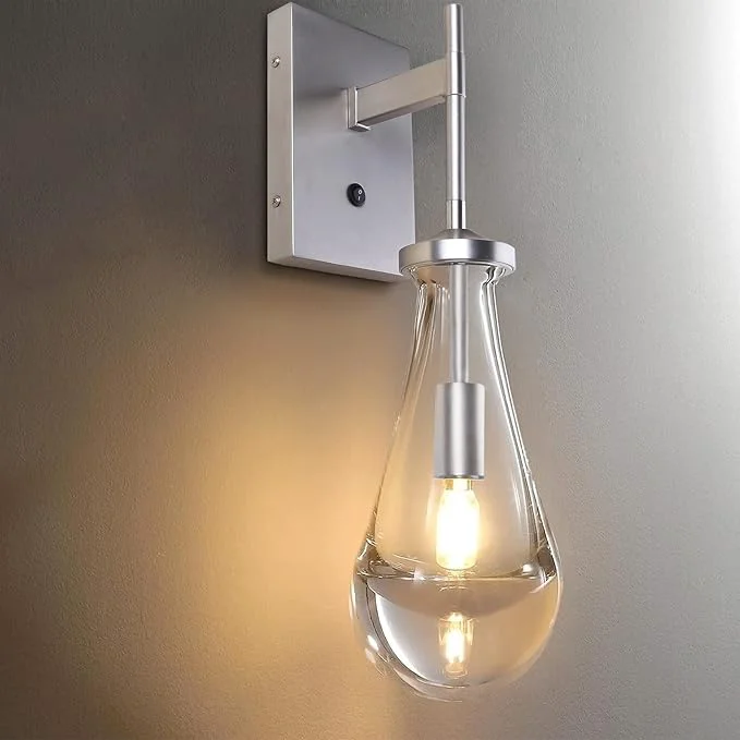 Quality HuisMier Brushed Nickel Wall Sconce Raindrop Wall Sconces with On Off Switch Button Modern Clear Glass Wall Light Fixture Vanity Wall Lamp for Bathroom Bedroom Living Room HallwayAbout ThisOverview Contemporary