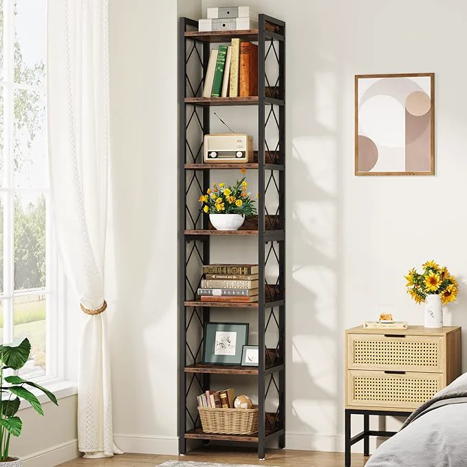Artisan Tribesigns 78.7 Inch Extra Tall Narrow Bookshelf 7 Tier Skinny Bookcase for Small Spaces standing Display Shelves Multifunctional Corner Storage Organizer for Home Office Rustic BrownAbout ThisOverview Crafted