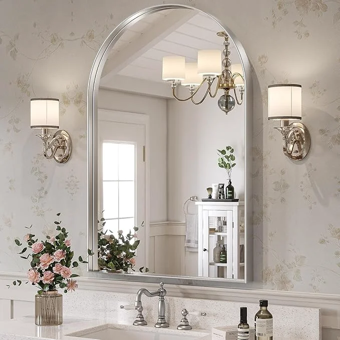 Secure Brightify Arched Mirror Arched Wall Mirror 28 x 40 Inch Silver Arch Mirror Metal Frame Silver Bathroom Mirror Arched Top Bathroom Vanity Mirror for Living Room Bedroom Mantel Entryway HallwaysAbout ThisOverview Eco-Friendly