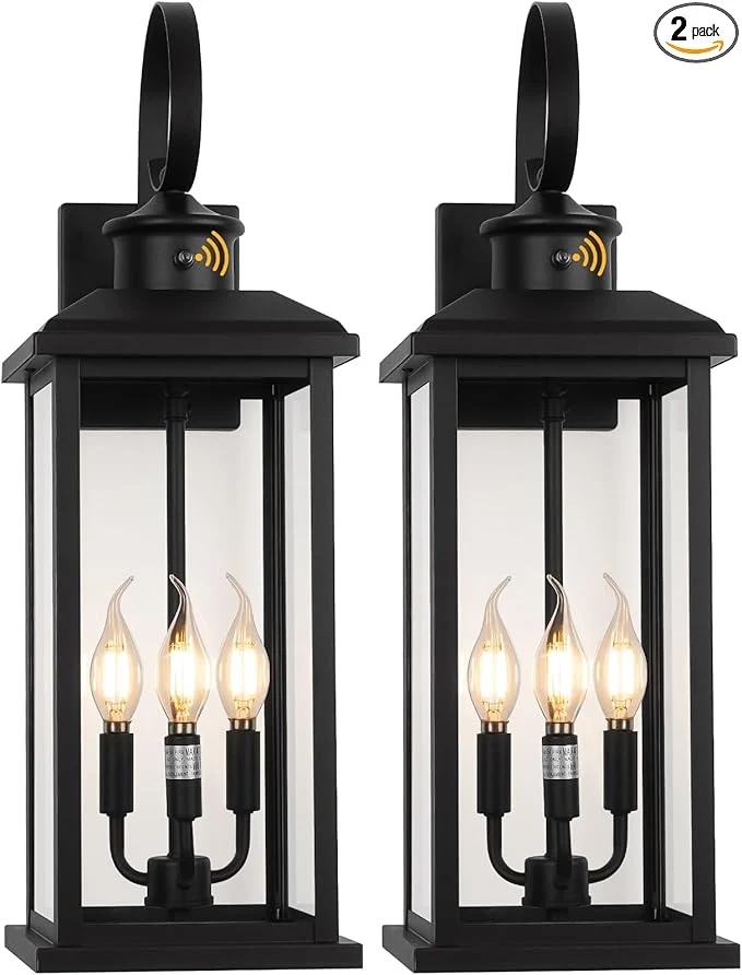 Smart 24 Dusk to Dawn Outdoor Wall Light Fixture 2 Pack-Black Extra Large Modern Porch Lantern 3-Light Waterproof Exterior Lighting Sconce Wall Mount Outside Lamp for Entryway Garage Coach E12 BaseAbout ThisOverview Easy-to-Use