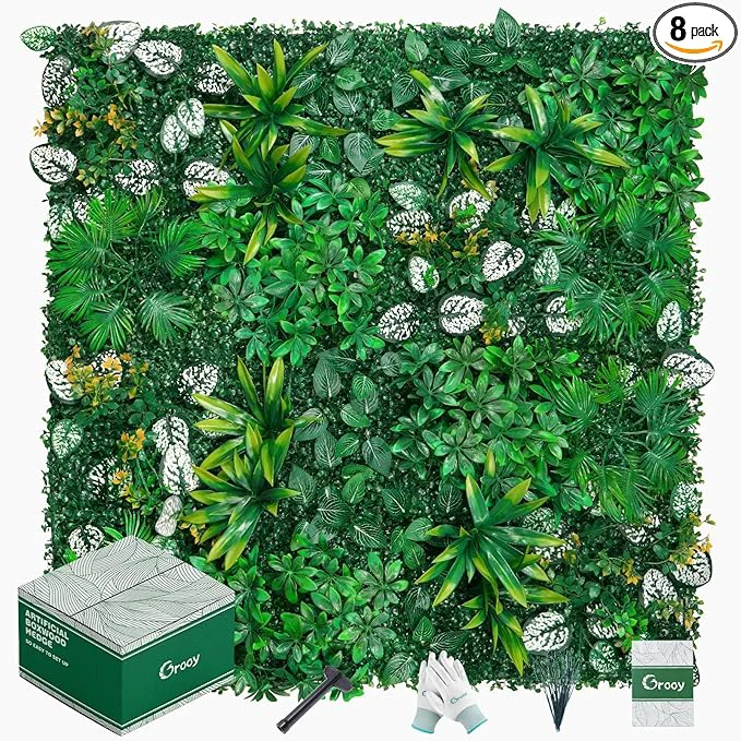 Refined Artificial Hedge Grass Wall Boxwood Panels 20 x20 8pcs Greenery Wall Backdrop UV Protected Privacy Fence Screen Green Wall Decor for Outdoor Indoor Wedding DécorAbout ThisOverview Breathable