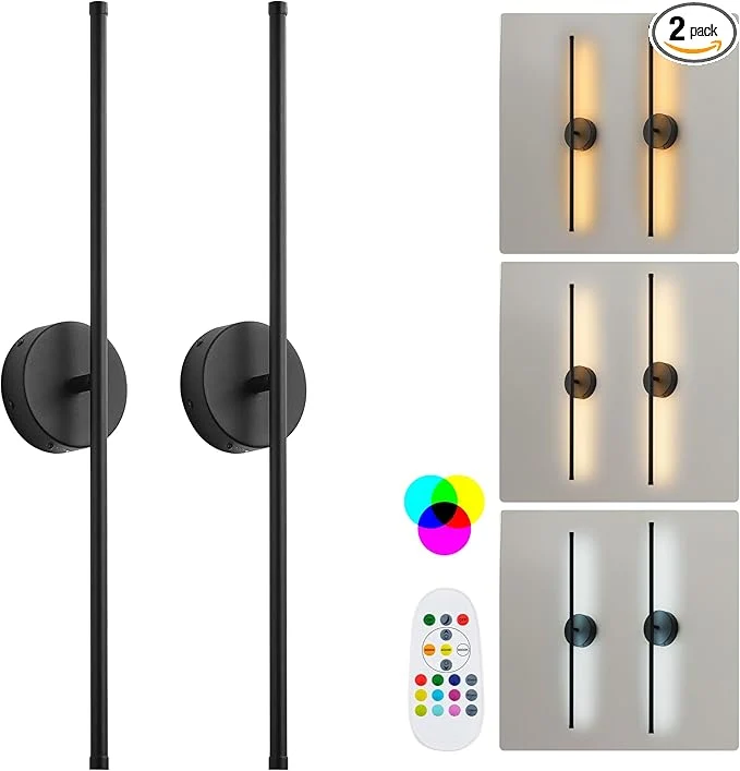 Genuine Battery Operated Wall Sconces Set of Two with Remote Control Dimmable Warm White Natural White Daylight RGB 350°Rotate LED Black Wireless Wall Light for Living Room Bedroom 28.3 InchAbout ThisOverview Fine