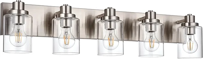 Dependable 5 Light Brushed Nickel Vanity Lights Bathroom Lighting Fixtures Over Mirror Modern Bathroom Lights with Clear Glass Shade Farmhouse Vanity Wall Sconces Lighting for Bedroom Living RoomAbout ThisOverview Outstanding