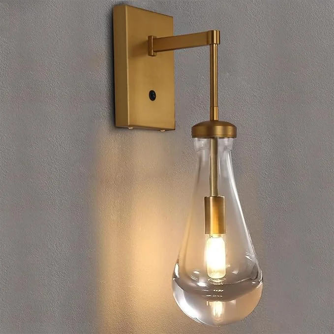 Verified HuisMier Brass Raindrop Wall Sconces Indoor Wall Sconces with On Off Switch Modern Clear Glass Wall Lamp Vanity Light Fixtures for Bathroom Bedroom Living Room Hallway HardwiredAbout ThisOverview Sophisticated