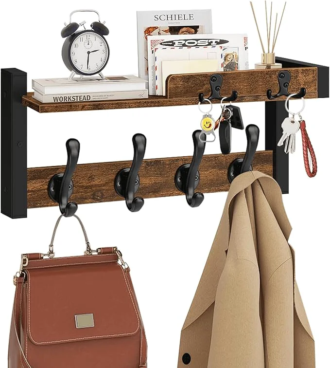 Enhanced Homode Wall Mounted Coat Rack Wood Floating Shelf with Key Holder and Mail Organizer Entryway Wall Shelf with Hooks Coat Hanger for Hanging Hat Towel Clothes Purse Backpack Rustic BrownAbout ThisOverview Elite