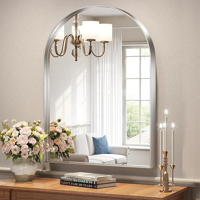 Powerful Brightify Arched Mirror Arched Wall Mirror 32 x 40 Inch Silver Arch Mirror Metal Frame Silver Bathroom Mirror Arched Top Bathroom Vanity Mirror for Living Room Bedroom Mantel Entryway HallwaysAbout ThisOverview Reusable