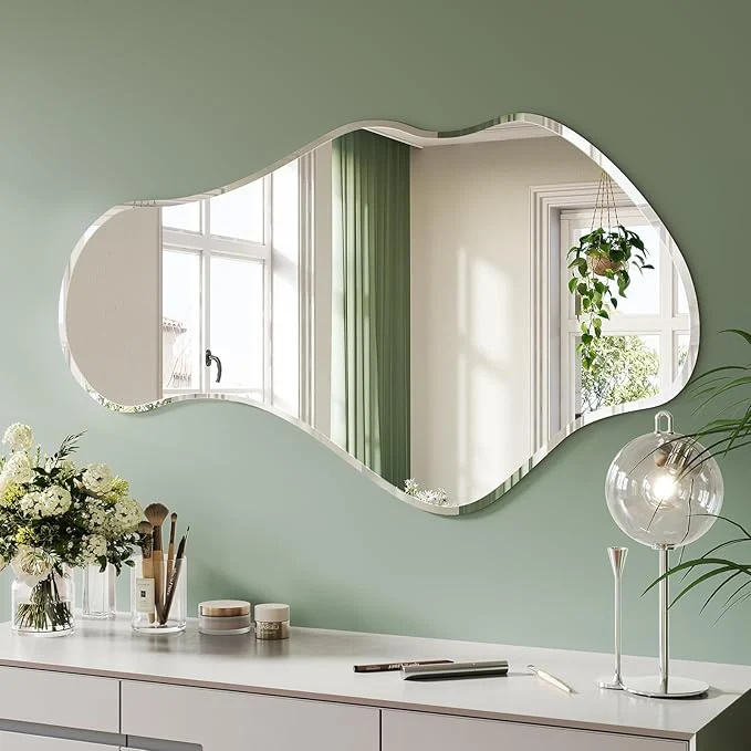 Recyclable Irregular Wall Mirror 24 x40 Frameless Asymmetrical Mirror Beveled Frameless Funky Wavy Wall Mirrors for Entry Way Modern Bathroom Bedroom Living RoomAbout ThisOverview Minimalist