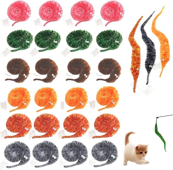 Innovative 24 PCS Cat Worm Toy Zebra Print Feather Worm Teaser Refills Attachment Cute Cat Effective