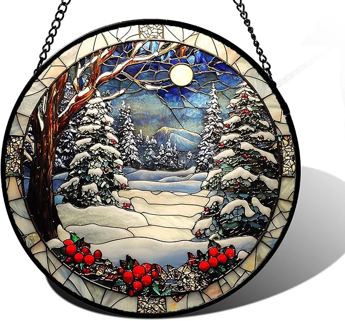 Functional Stained Glass Window Hanging Christmas Tree Winter Snow Night Scenery 7.8 - Suncatcher Door Garden Kitchen Sun Catcher Home Decor Birthday for Mom Men Woman FriendAbout This Proven