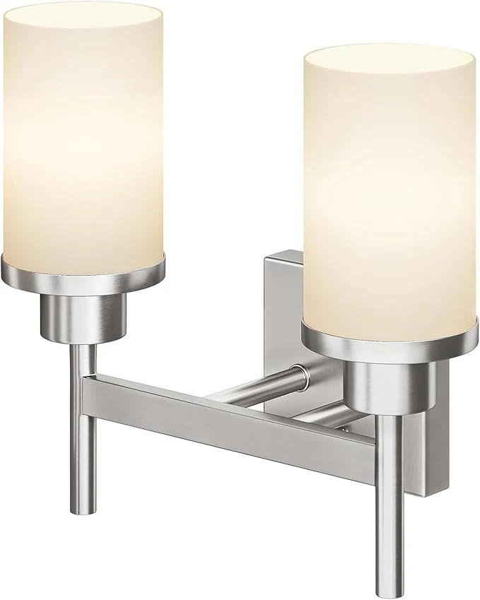 Fast Bathroom Light Fixtures Brushed Nickel Vanity Lights with White Frosted Glass Shade Double Wall Lamps for Mirror Kitchen Living Room Porch T001BR-L2About ThisOverview Genuine