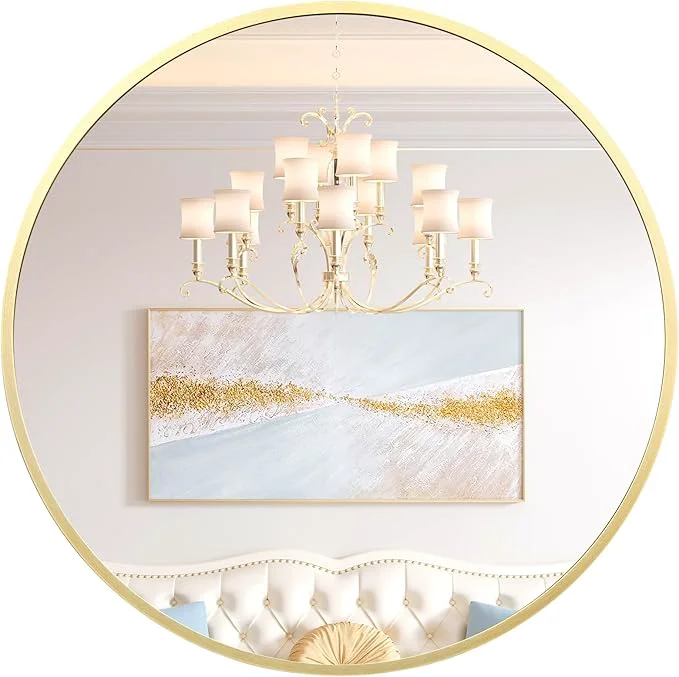 High-End 24 in Round Mirror for Wall Gold Metal Frame Circle Mirror Round Bathroom Mirror for Wall Decor Mirror for Entryway Vanity Bedroom Easy to InstallAbout ThisOverview Detailed