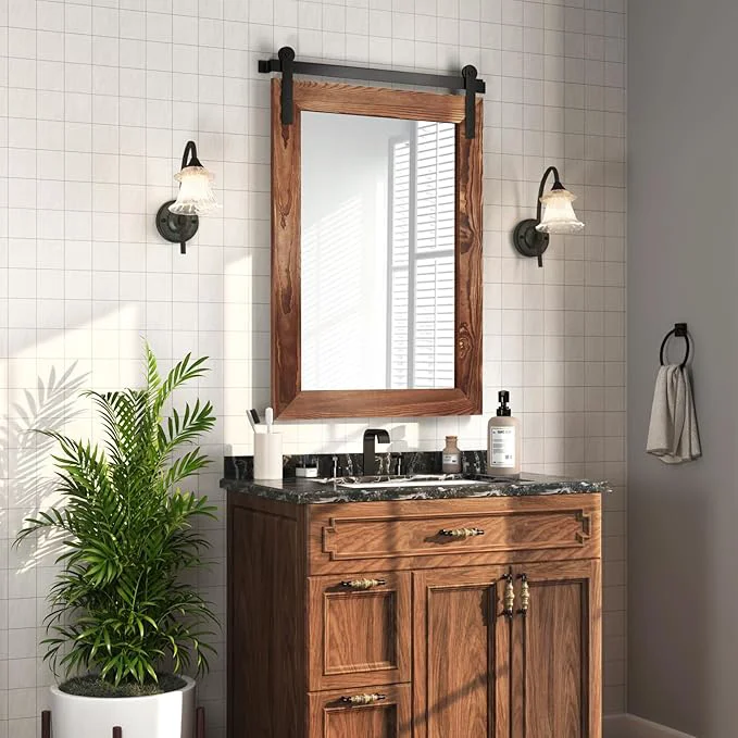 Flexible COGOOD Farmhouse Bathroom Mirror - 42 x 29 Rustic Barn Door Style Mirror for Living Room Entryway Vanity Wall Decor Brown About ThisOverview Easy-to-Use