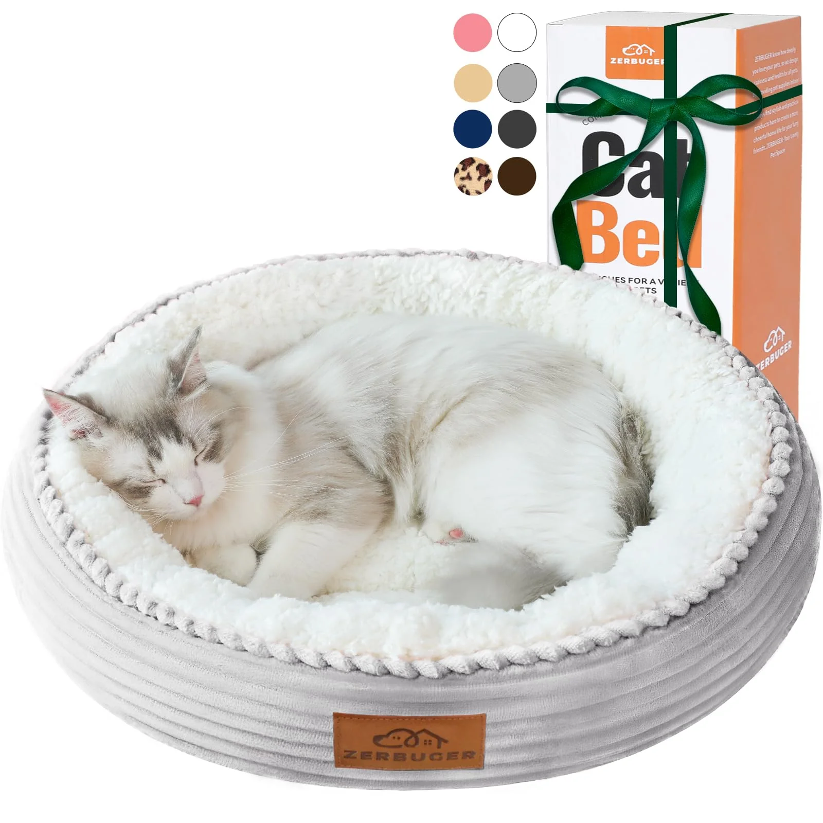 Excellent Zerbuger 20in Washable Round Donut Cat Bed – Anti-Slip Calming Pet Bed Light Grey Luxury