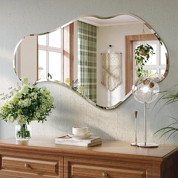 Superior Irregular Wall Mirror 26 x46 Frameless Asymmetrical Mirror Beveled Frameless Funky Wavy Wall Mirrors for Entry Way Modern Bathroom Bedroom Living RoomAbout ThisOverview Fashionable