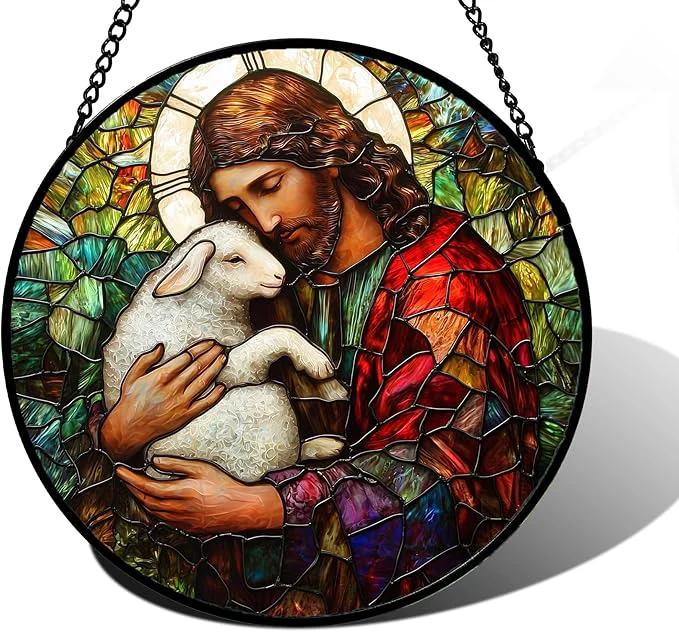 Stylish Stained Glass Window Hanging Jesus Little Lamb Sun Catchers Colorful Glass Panel Christianity Suncatcher Decor for Birthday for Women Men Wife Aunt and Mom 7.8 inAbout This Excellent