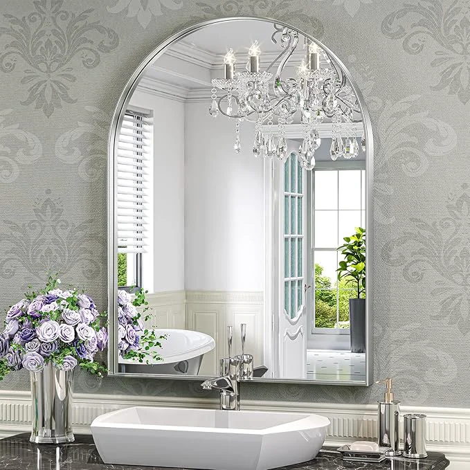 Green Brightify Arched Mirror Arched Wall Mirror 24 x 32 Inch Silver Arch Mirror Metal Frame Silver Bathroom Mirror Arched Top Bathroom Vanity Mirror for Living Room Bedroom Mantel Entryway HallwaysAbout ThisOverview Exceptional
