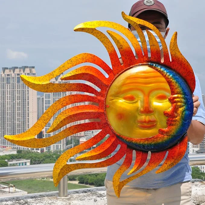 Classic wotieuns Large Outdoor Metal Glass Sun and Moon Wall Decor Outdoor Sun Moon Wall Art 28 InchAbout This Official